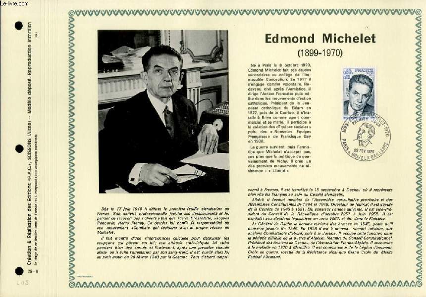 FEUILLET ARTISTIQUE PHILATELIQUE - PAC - 75 - 06 - EDMOND MICHELET 1899 - 1970
