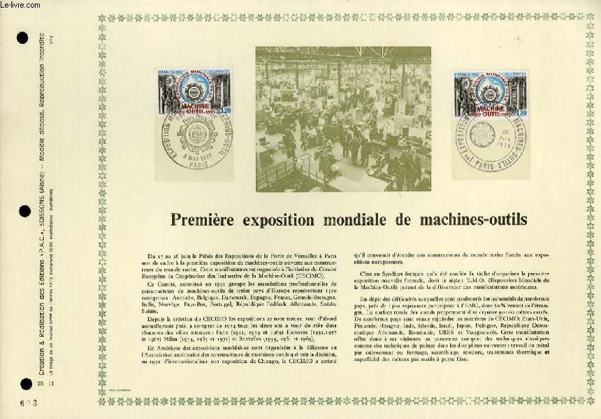 FEUILLET ARTISTIQUE PHILATELIQUE - PAC - 75 - 11 - PREMIERE EXPOSITION MONDIALE DE MACHINES-OUTILS