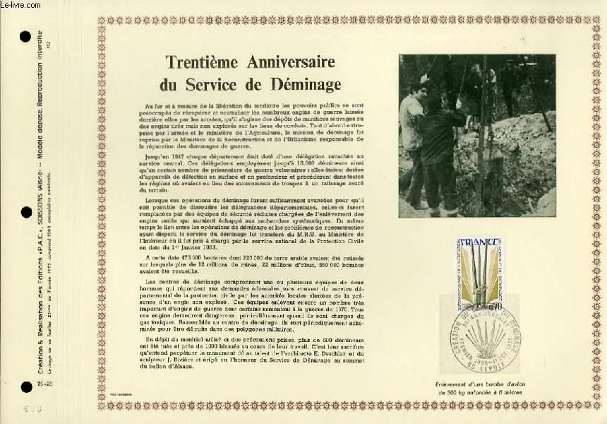 FEUILLET ARTISTIQUE PHILATELIQUE - PAC - 75 - 25 - 30 ANNIVERSAIRE DU SERVICE DE DEMINAGE