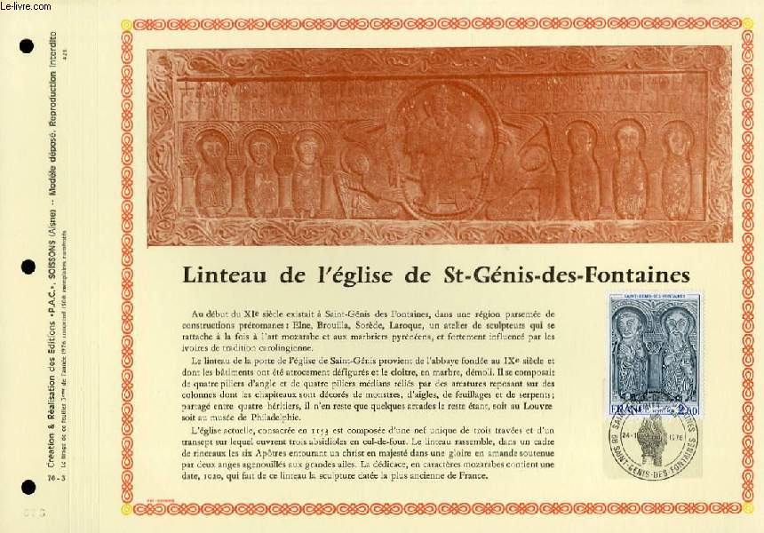 FEUILLET ARTISTIQUE PHILATELIQUE - PAC - 76 - 03 - LINTEAU DE L'EGLISE DE ST GENIS DES FONTAINES