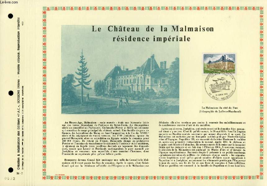 FEUILLET ARTISTIQUE PHILATELIQUE - PAC - 76 - 07 - LE CHATEAU DE LA MALMAISON RESIDENCE IMPERIALE