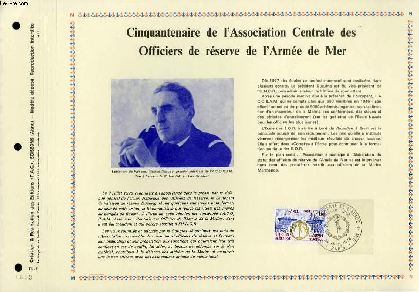 FEUILLET ARTISTIQUE PHILATELIQUE - PAC - 76 - 08 - CINQUANTENAIRE DE L'ASSOCIATION CENTRALE DES OFFICIERS DE RESERVE DE L'ARMEE DE MER