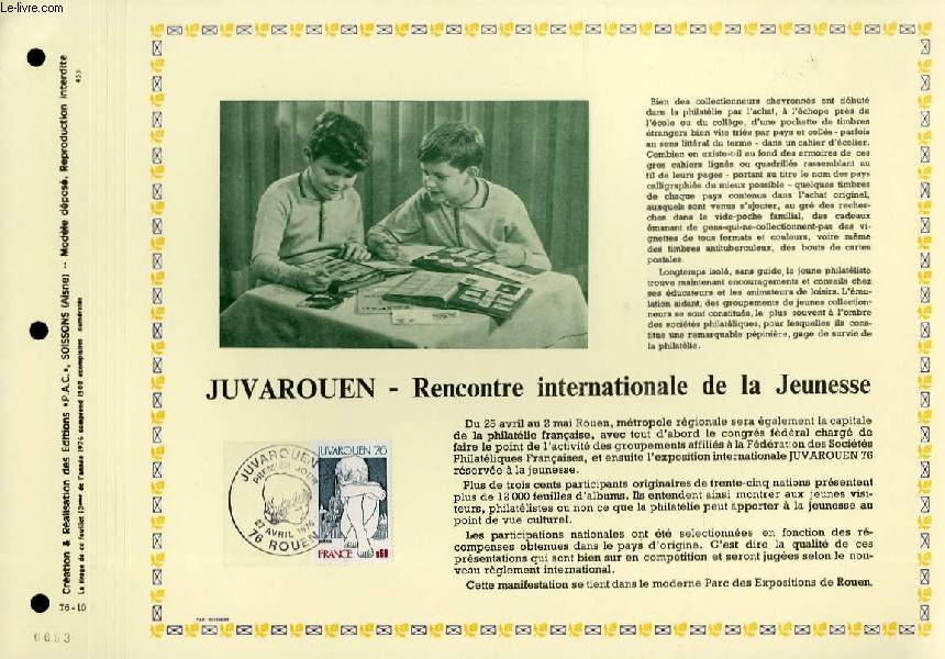 FEUILLET ARTISTIQUE PHILATELIQUE - PAC - 76 - 10 - JUVAROUEN - RENCONTRE INTERNATIONALE DE LA JEUNESSE