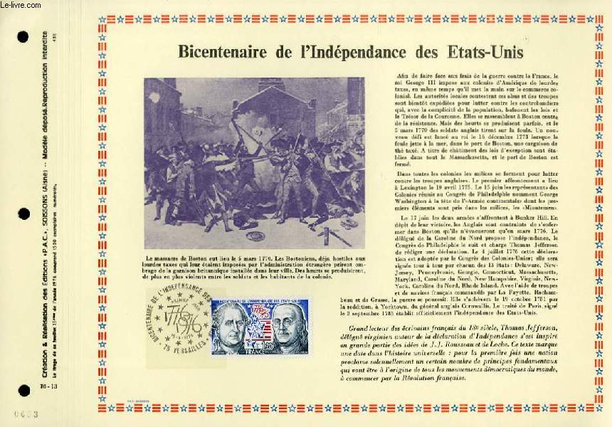 FEUILLET ARTISTIQUE PHILATELIQUE - PAC - 76 - 13 - BICENTENAIRE DE L'INDEPENDANCE DES ETATS-UNIS