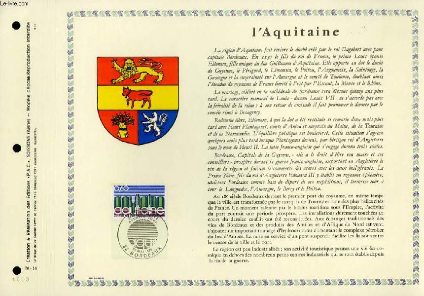 FEUILLET ARTISTIQUE PHILATELIQUE - PAC - 76 - 14 - L'AQUITAINE