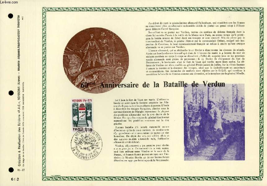 FEUILLET ARTISTIQUE PHILATELIQUE - PAC - 76 - 17 - ANNIVERSAIRE DE LA BATAILLE DE VERDUN