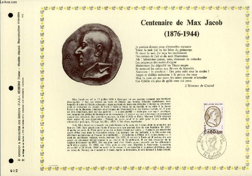 FEUILLET ARTISTIQUE PHILATELIQUE - PAC - 76 - 27 - CENTENAIRE DE MAX JACOB (1876 - 1944)