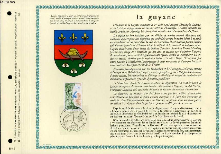 FEUILLET ARTISTIQUE PHILATELIQUE - PAC - 76 - 41 - LA GUYANE