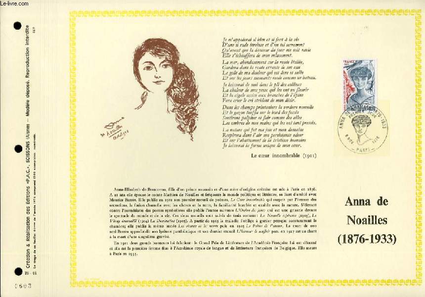 FEUILLET ARTISTIQUE PHILATELIQUE - PAC - 76 - 44 - ANNA DE NOAILLES (1876 - 1933)