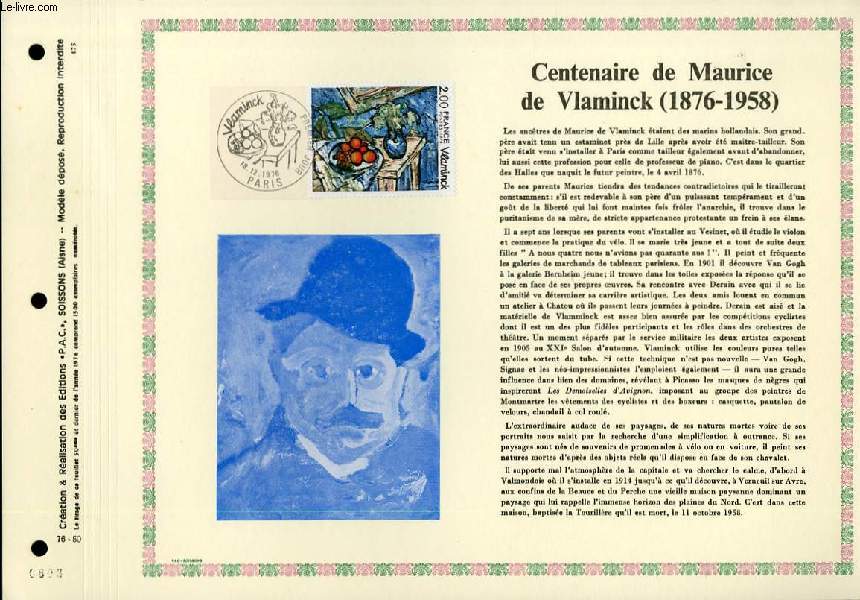FEUILLET ARTISTIQUE PHILATELIQUE - PAC - 76 - 50 - CENTENAIRE DE MAURICE DE VLAMINCK - 1876 - 1958