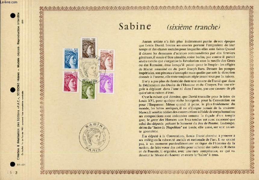 FEUILLET ARTISTIQUE PHILATELIQUE - PAC - 81 - 01 - SABINE (6 TRANCHE)