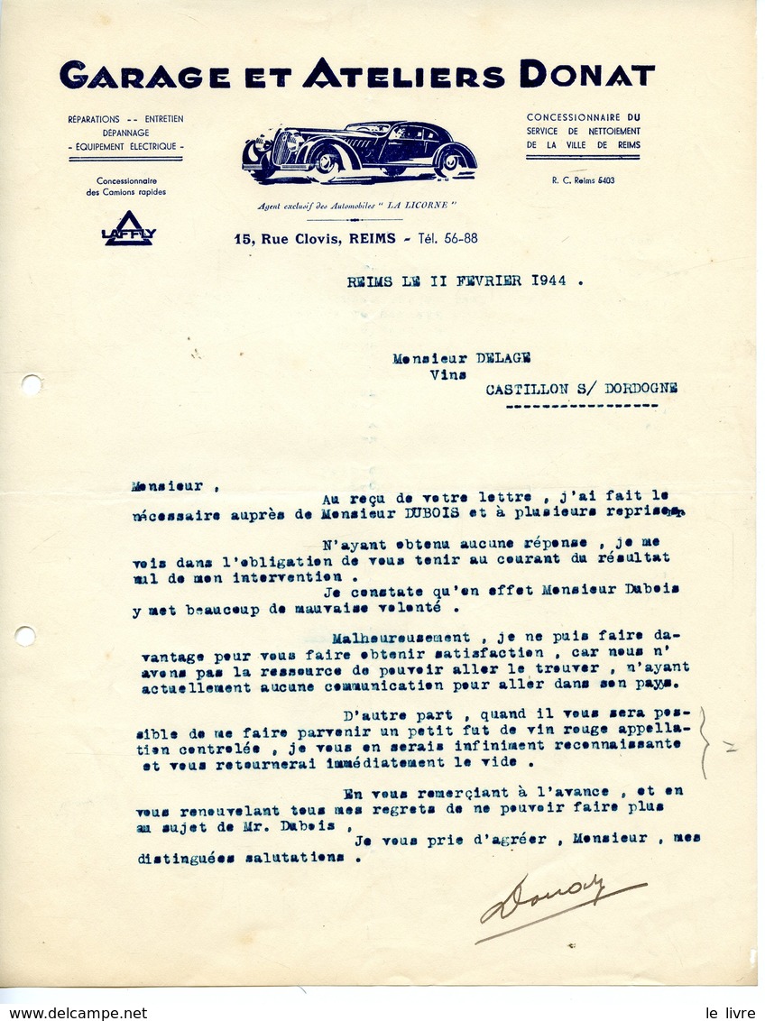 BELLE FACTURE LETTRE COMMERCIALE GARAGE ET ATELIERS DONAT A REIMS 1944 VOITURE