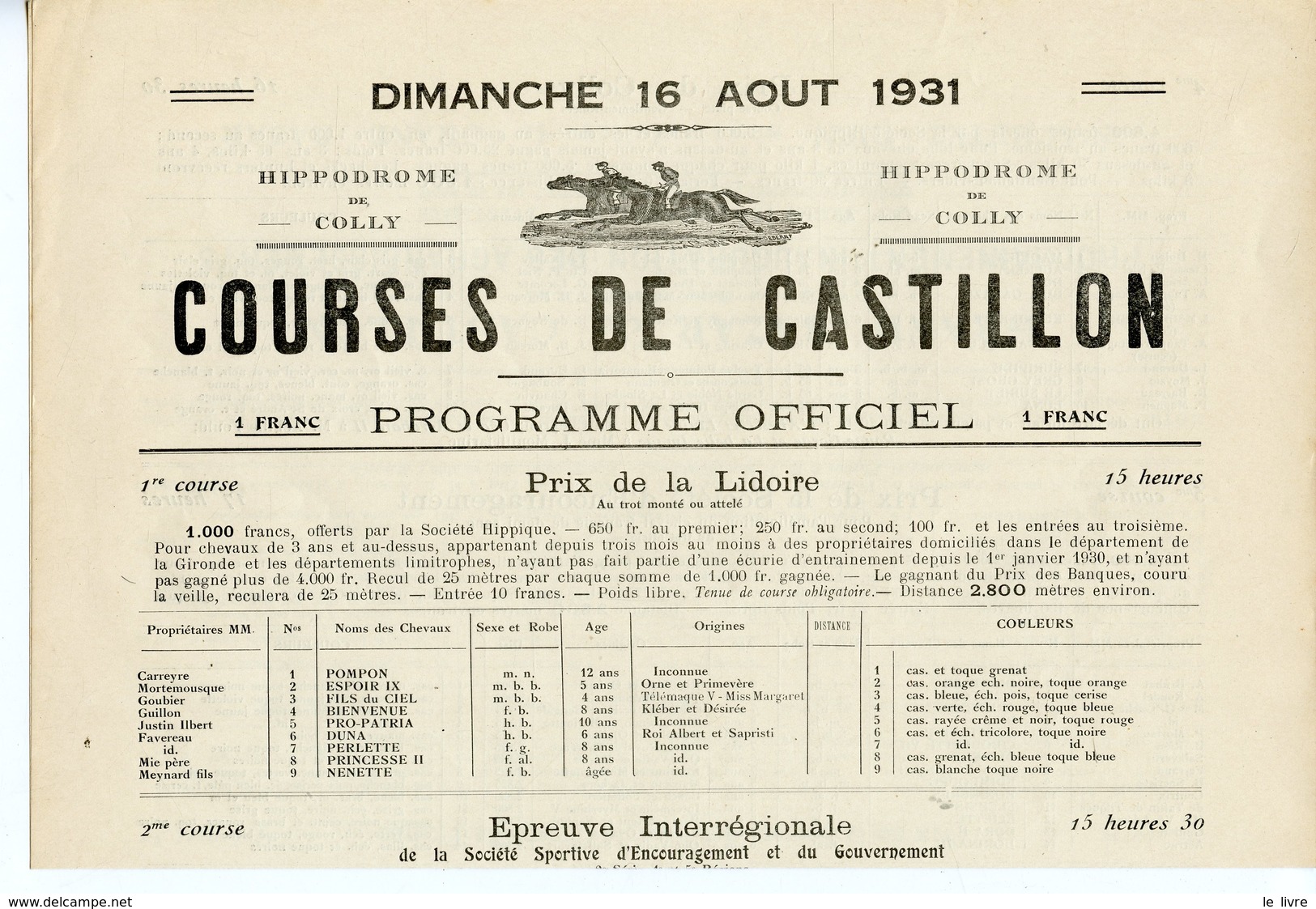 PROGRAMME DES COURSES HIPPIQUES DE CASTILLON (33) DIMANCHE 16 AOUT 1931 HIPPODROME DE COLLY