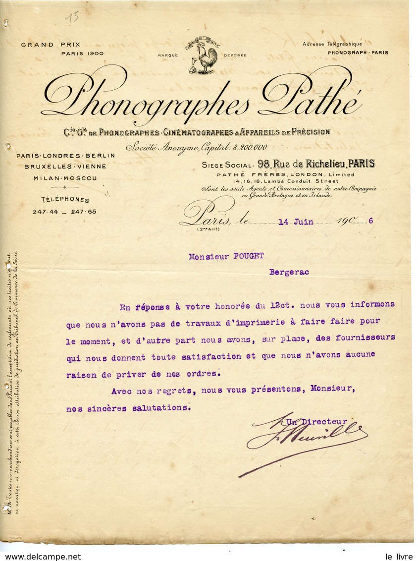 FACTURE COURRIER COMMERCIAL PHONOGRAPHES PATHE PARIS 1906