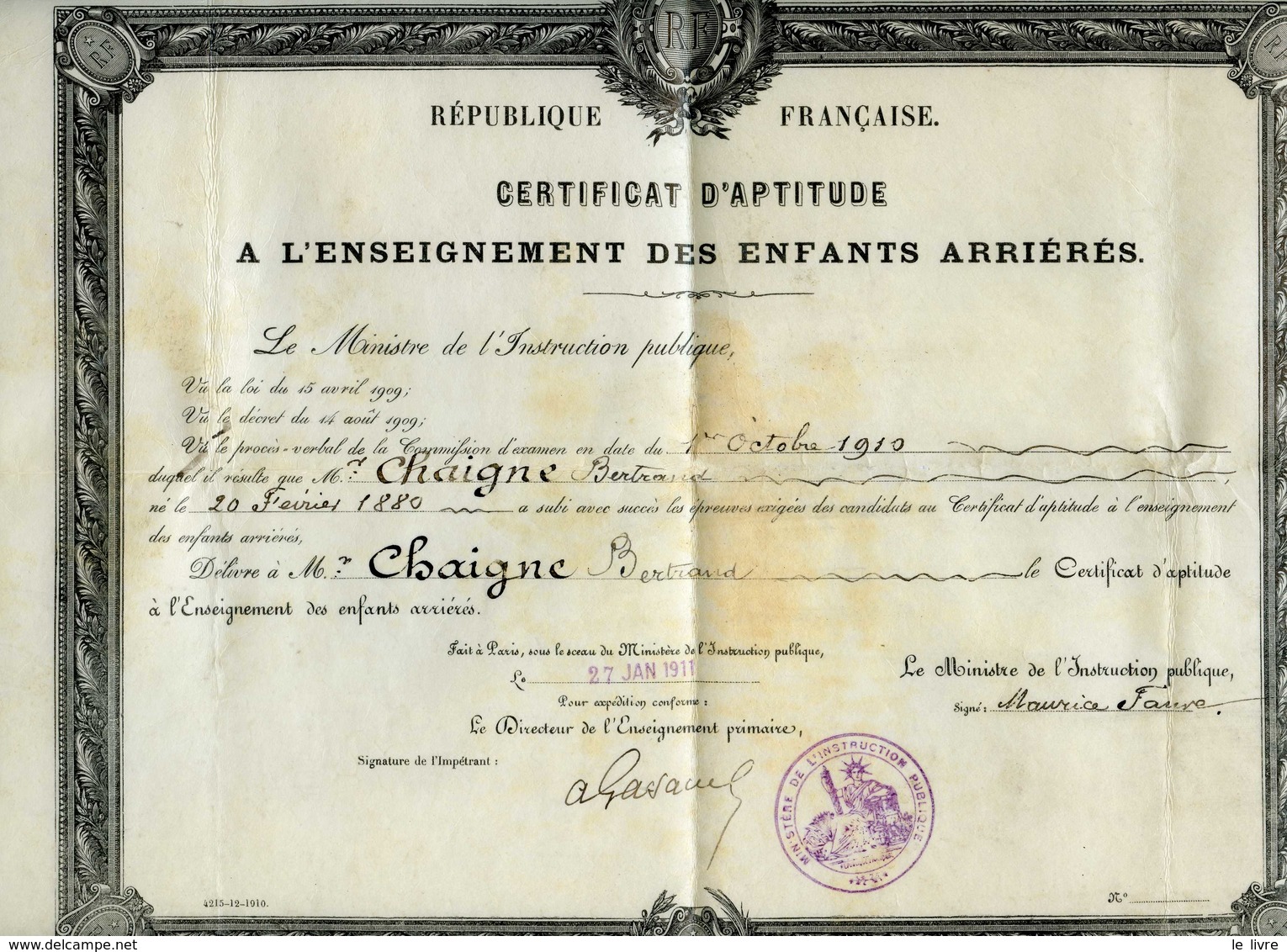 PARCHEMIN CERTIFICAT D'APTITUDE A L'ENSEIGNEMENT DES ENFANTS ARRIERES 1911 AUTOGRAPHE MAURICE-LOUIS FAURE