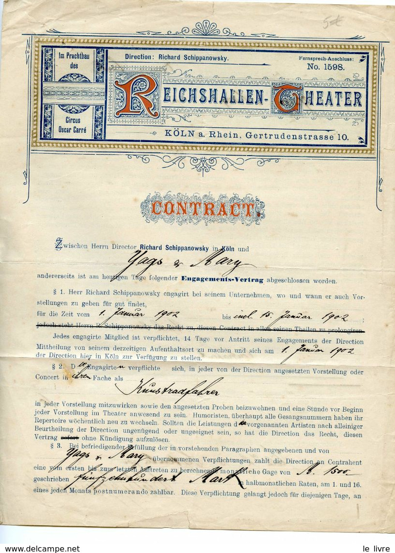 ALLEMAGNE REICHSHALLEN THEATER KLN CONTRACT POUR YAGS ET MARY 1900 FUR 1902