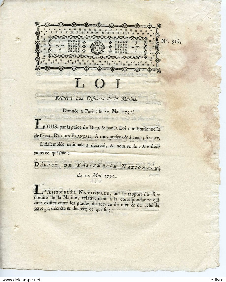 LOI RELATIVE AUX OFFICIERS DE LA MARINE n 918 CORRESPONDANCE DES GRADES 1791