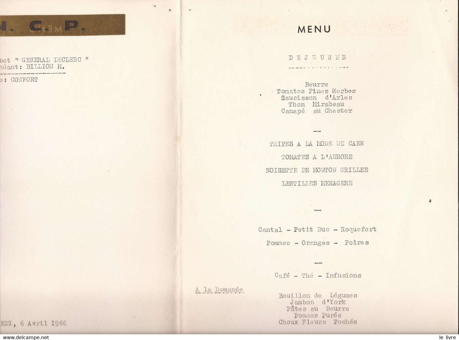 MENU PAQUEBOT GENERAL LECLERC COMMANDANT BILLION 1966 NOUVELLE COMPAGNIE DE PAQUEBOTS