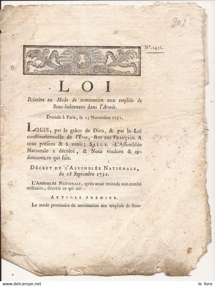 DECRET 1791 LOI RELATIVE AUX MODES DE NOMINATION DES EMPLOIS DE SOUS-LIEUTENANS DANS L'ARMEE