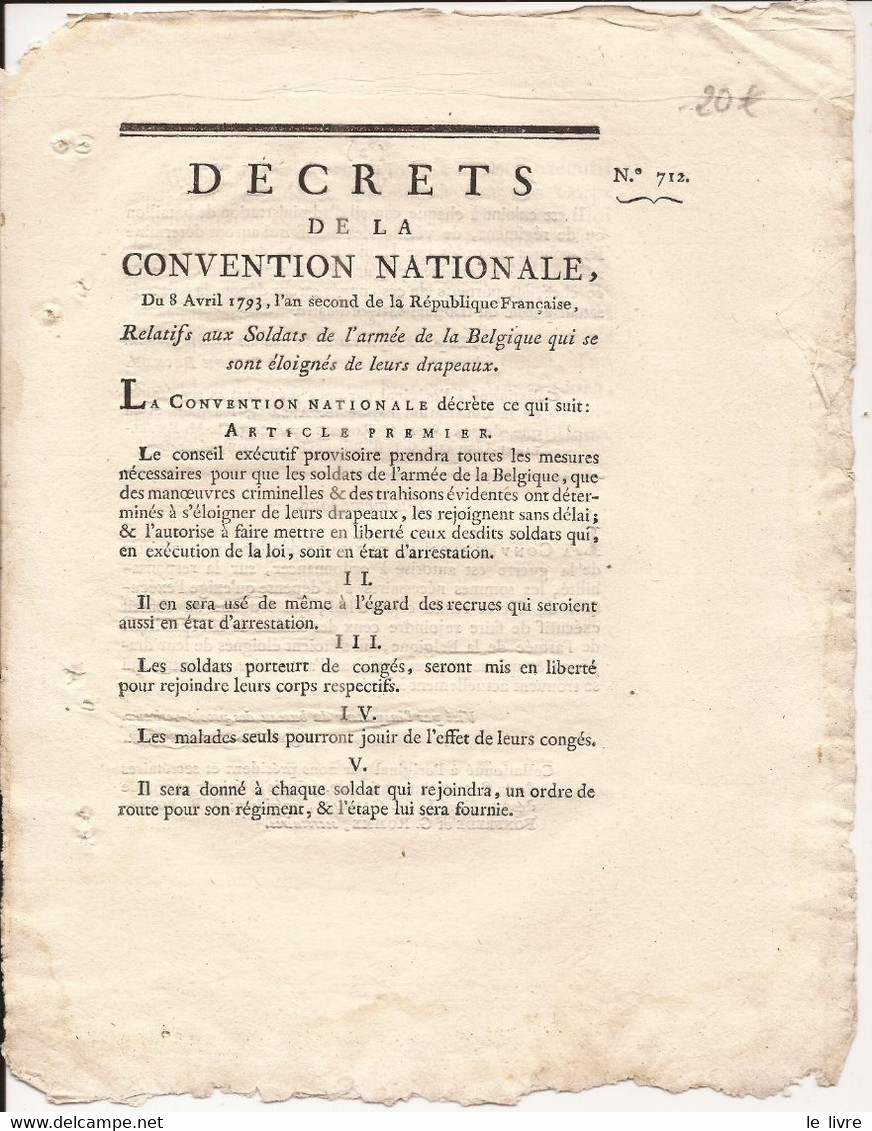 DECRET 1793 RELATIF AUX SOLDATS DE L'ARMEE DE LA BELGIQUE QUI SE SONT ELOIGNES DE LEUR DRAPEAU