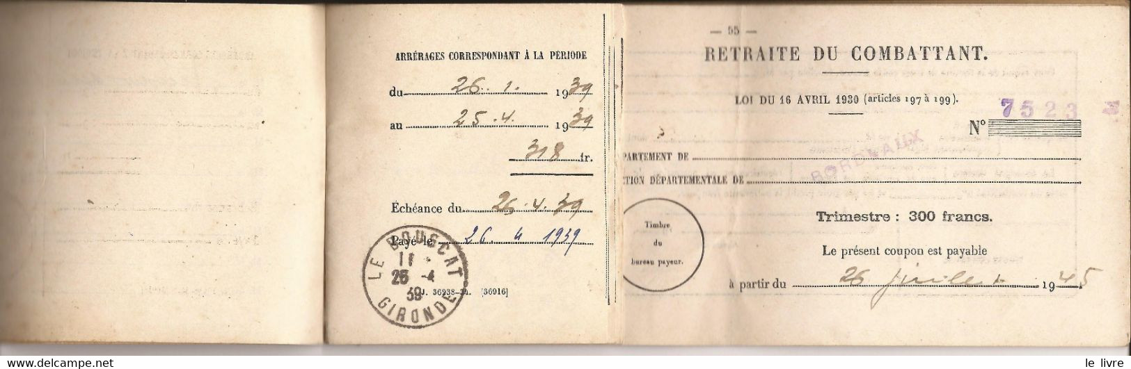 BORDEAUX LE BOUSCAT CARNET A SOUCHES DE RETRAITE DU COMBATTANT 1939