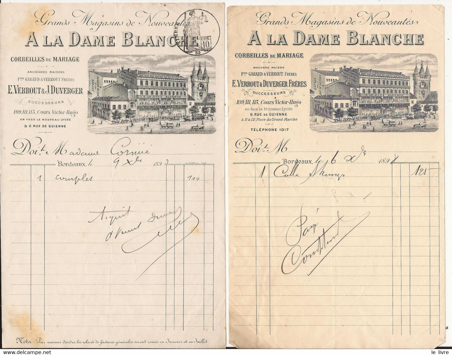 BORDEAUX 33 LOT DE 2 FACTURETTES GRANDS MAGASINS DE NOUVEAUTES A LA DAME BLANCHE 1898 1899