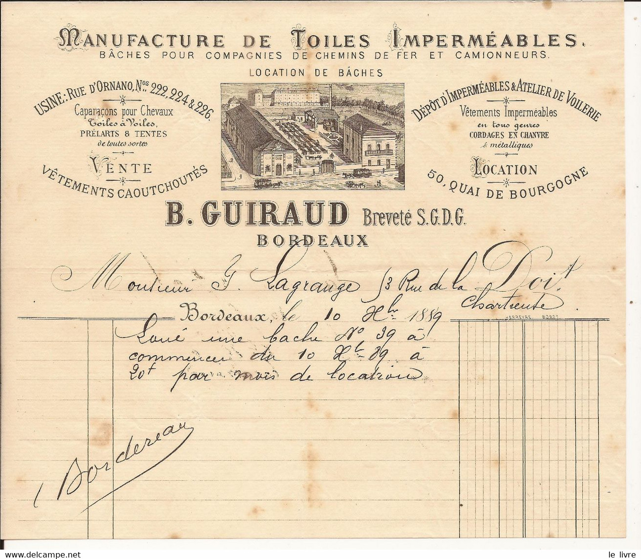 BORDEAUX 33 FACTURE MANUFACTURE DE TOILES IMPERMEABLES GUIRAUD 1889