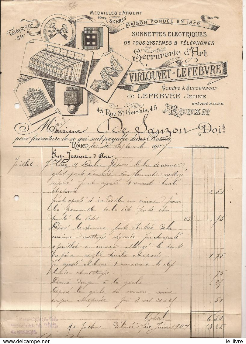 ROUEN 76 FACTURE SONNETTES ELECTRIQUES DE SYSTEMES ET TELEPHONES VIRLOUVET-LEFEBVRE 1907