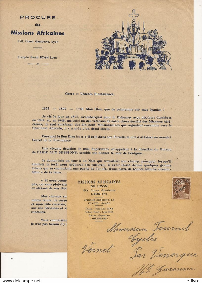 LYON 69 RHONE MISSIONS AFRICAINES LETTRE IMPRIMEE ET ENVELOPPE TEXTE DU PERE PAICHOUX 1948