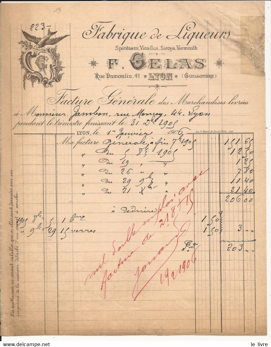 LYON 69 RHONE FACTURE FABRIQUE DE LIQUEURS F. GELAS 1905