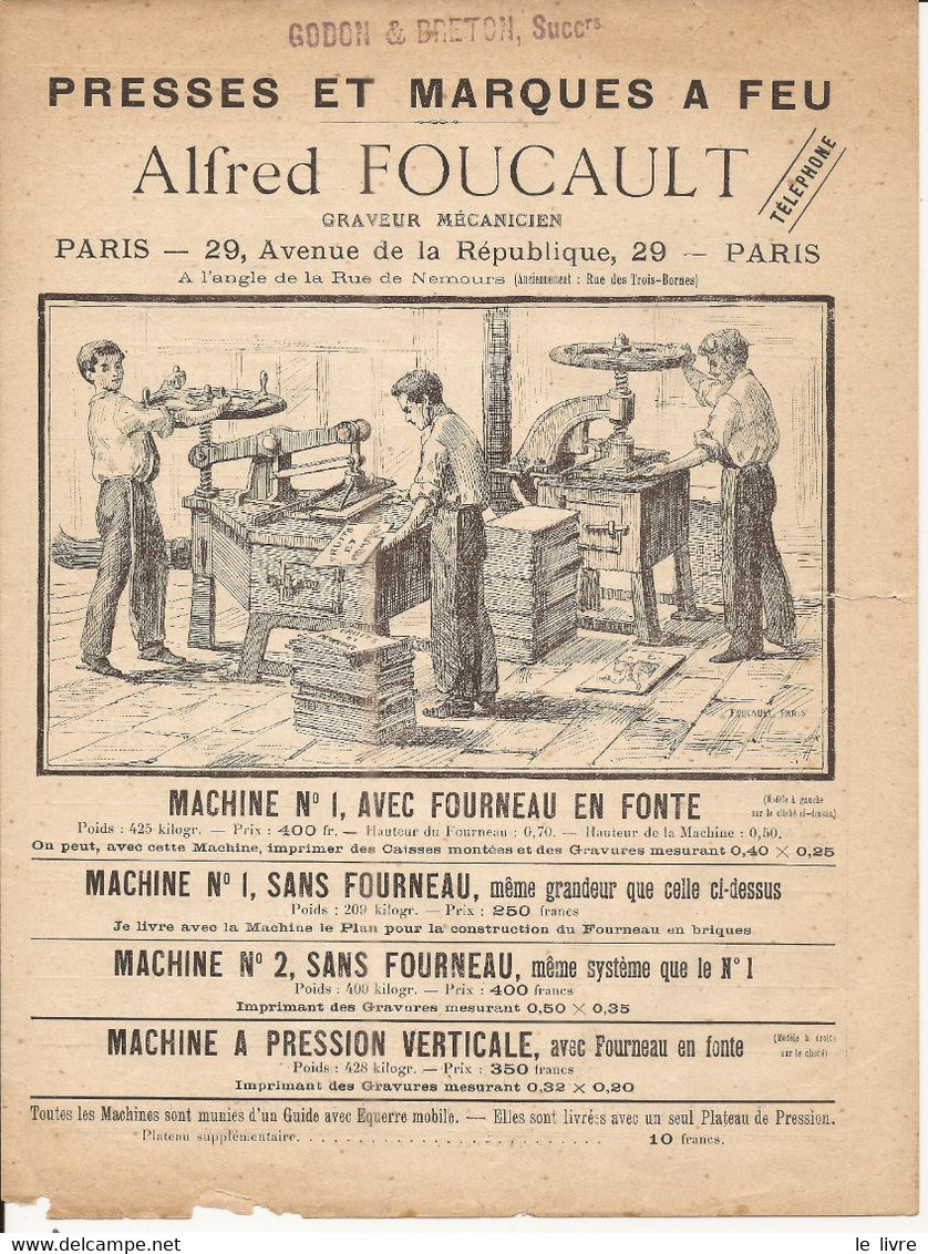 DOCUMENTS PUBLICITAIRE DEBUT 20 SIECLE PRESSES ET MARQUES A FEU FOUCAULT GODON ET BRETON SUCCESSEURS PARIS