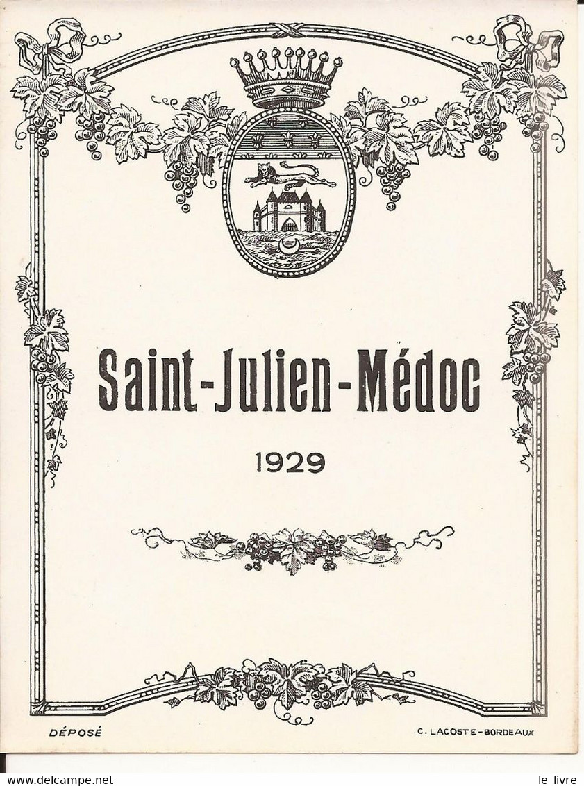 ETIQUETTE ANCIENNE VIN DE BORDEAUX SAINT-JULIEN-MEDOC 1929