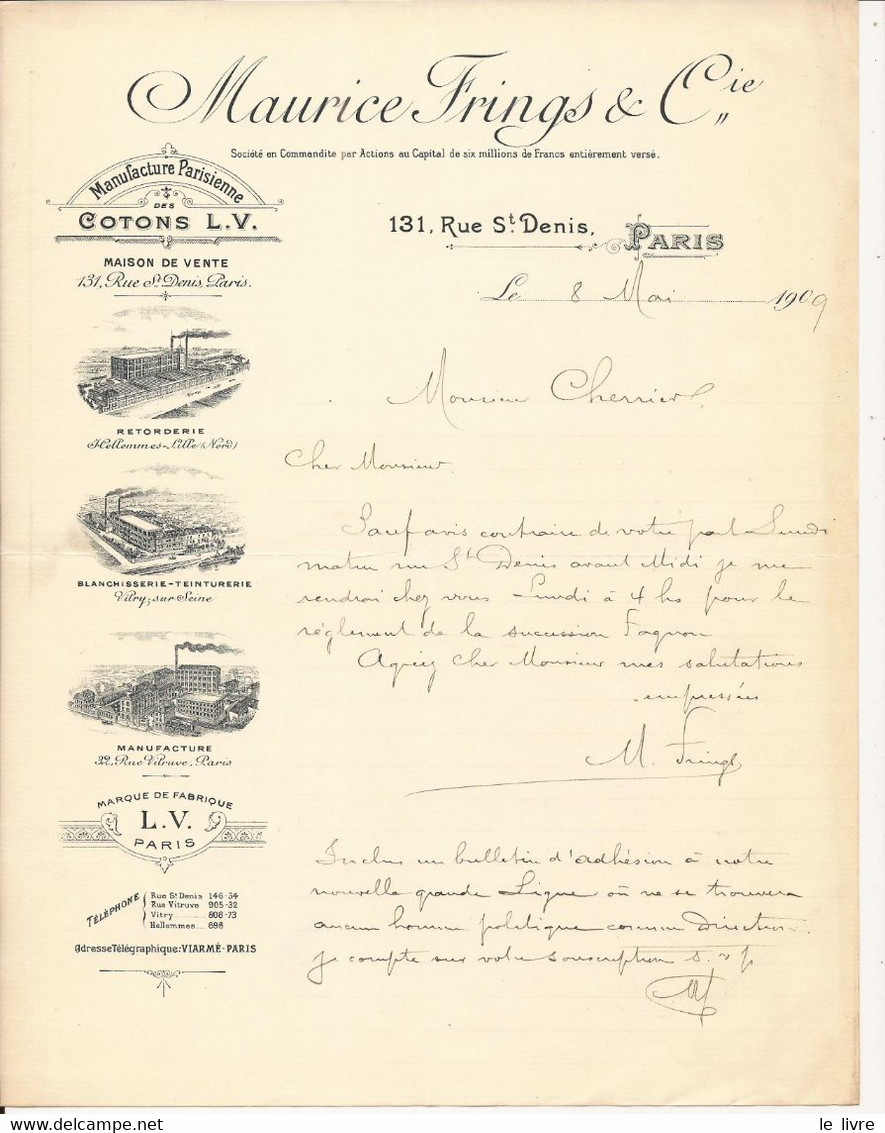 FACTURE MANUFACTURE BLANCHISSERIE TEINTURERIE MAURICE FRINGS A PARIS 1909