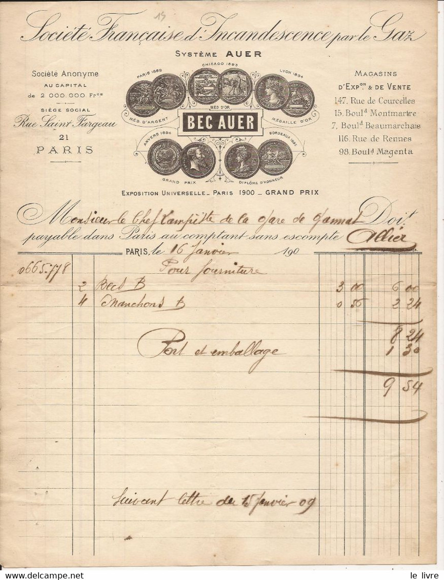 FACTURE SOCIETE FRANCAISE D'INCANDESCENCE PAR LE GAZ BEC AUER 1909