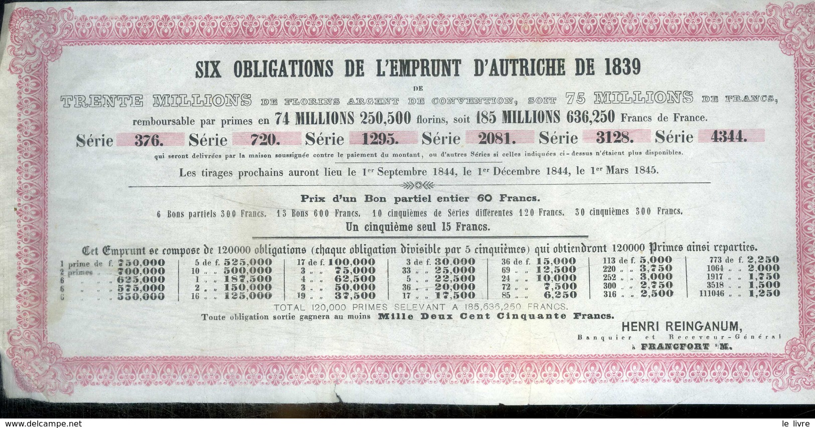 FRANCFORT. SIX OBLIGATIONS DE L'EMPRUNT D'AUTRICHE DE 1839. TIRAGES DE 1844 ET 1845