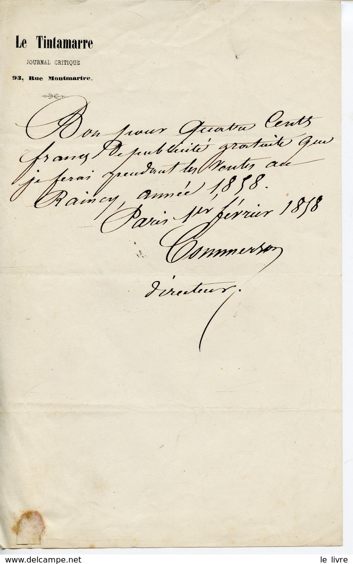 JOURNALISTE ECRIVAIN DRAMATURGE JEAN LOUIS-AUGUSTE COMMERSON LAS 1858 EN-TETE DU JOURNAL SATIRIQUE LE TINTAMARRE