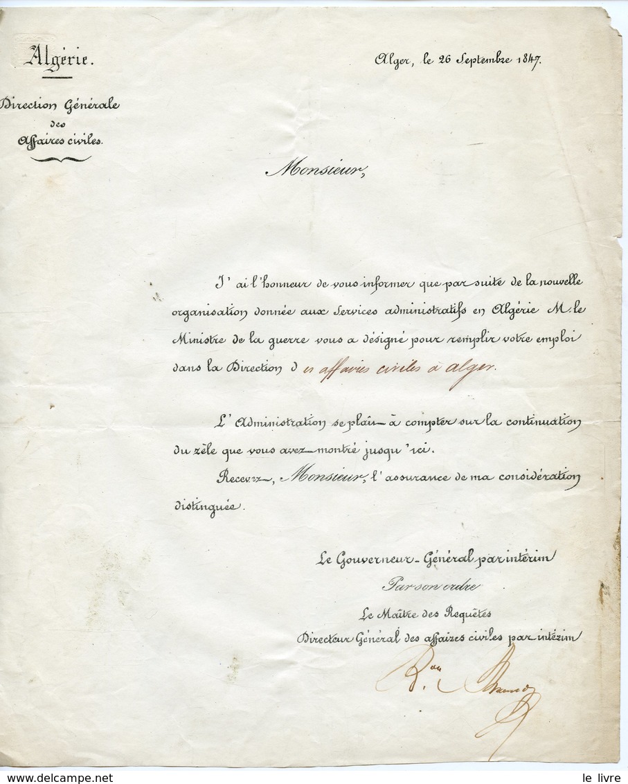 ALGERIE 1847 DIRECTION DES AFFAIRES CIVILES. LETTRE IMPRIMEE DESIGNATION D'UN EMPLOYE