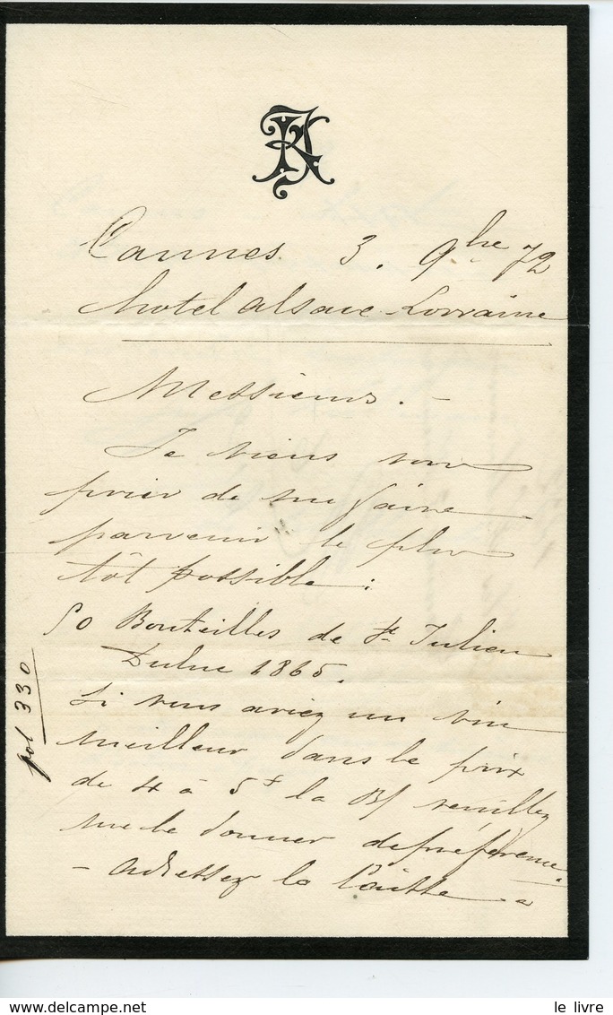 INDUSTRIEL A MULHOUSE. JULES KUHLMANN. LAS DE CANNES 1872. COMMANDE DE VIN SAINT-JULIEN 1865