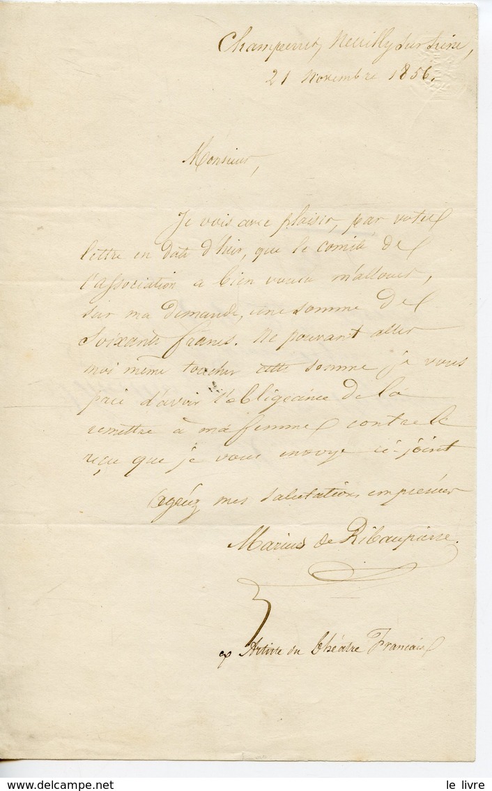 ARTISTE THEATRE FRANCAIS MARIUS DE RIBAUPIERRE. LAS 1856 ADRESSEE A THUILLIER TRESORIER DE L'ASSOCIATION DES ARTISTES