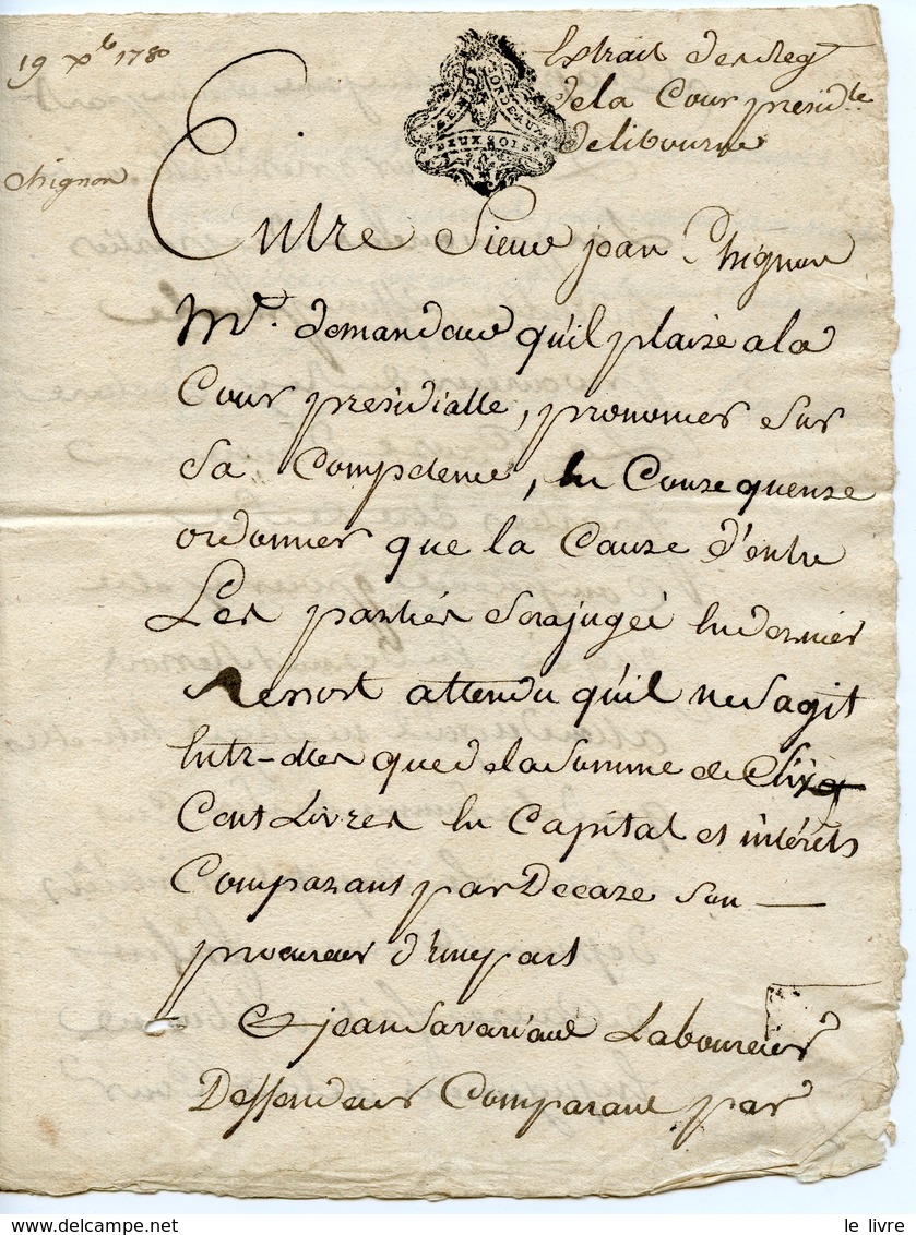 FISCAL BORDEAUX 1780. EXTRAIT REGISTRE COUR DE LIBOURNE JUGEMENT DE COMPETENCE ENTRE CHIGNON ET CHAPERON