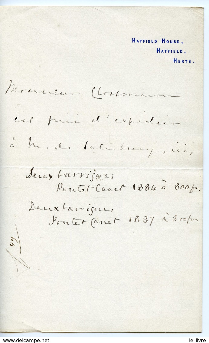 ROBERT TALBOT GASCOYNE-CECIL MARQUIS DE SALISBURY 1889. BRISTOL COMMANDE DE VIN PONTET-CANET A CLOSMANN BORDEAUX