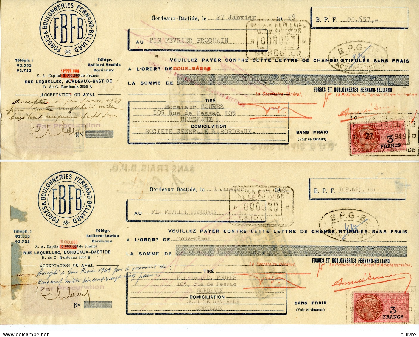 LOT DE 2 LETTRES DE CHANGE FORGES ET BOULONNERIES FERNAND-BELLIARD A BORDEAUX-BASTIDE 1949