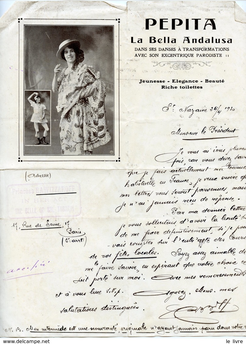 LAS ET AFFICHETTE PRESENTATION ST NAZAIRE 1930 PEPITA LA BELLA ANDALUSA. CACHET PRINCESS RAWIZZAROFF DU BAL TABARIN
