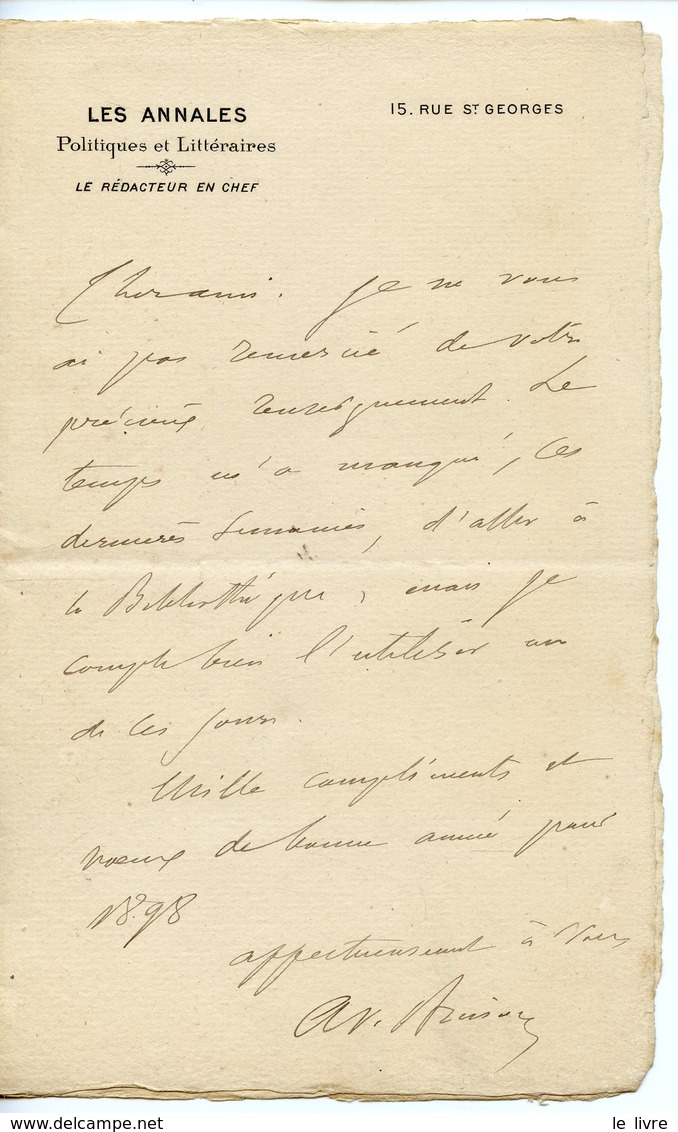 JOURNALISTE ADOLPHE BRISSON. LAS EN-TETE LES ANNALES POLITIQUES ET LITTERAIRES 1898