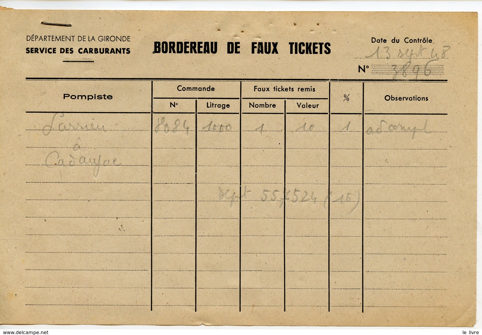 RATIONNEMENT BORDEREAU DE FAUX TICKETS DE CARBURANT AUTO GIRONDE CADAUJAC 1948