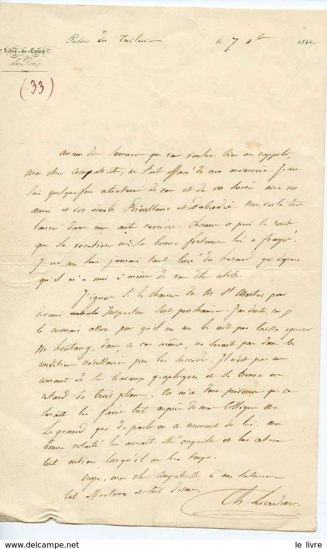 LAS A L'EN-TTE DES AIDES DE CAMP DU ROI PALAIS DES TUILERIES 1842 . LAS