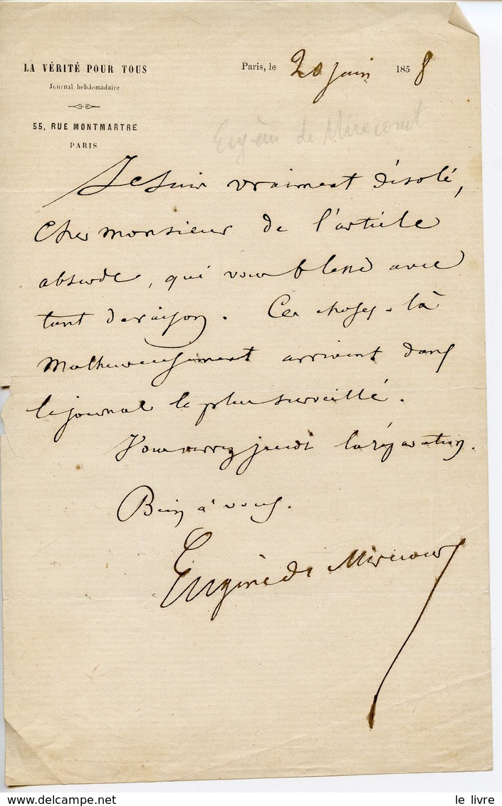 JOURNALISTE ECRIVAIN EUGENE DE MIRECOURT (MIRECOURT 1812-HAÏTI 1880) LAS 1858 EN-TETE JOURNAL 