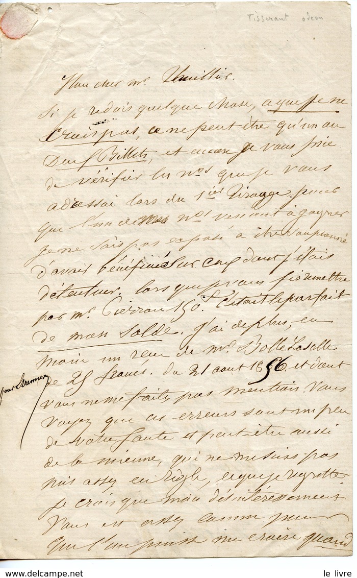 ACTEUR FRANCAIS HIPPOLYTE TISSERANT (MEUDON 1809-PARIS 1877) LAS A THUILLIER 1860 LITIGE SUR BILLETS D'UNE LOTERIE