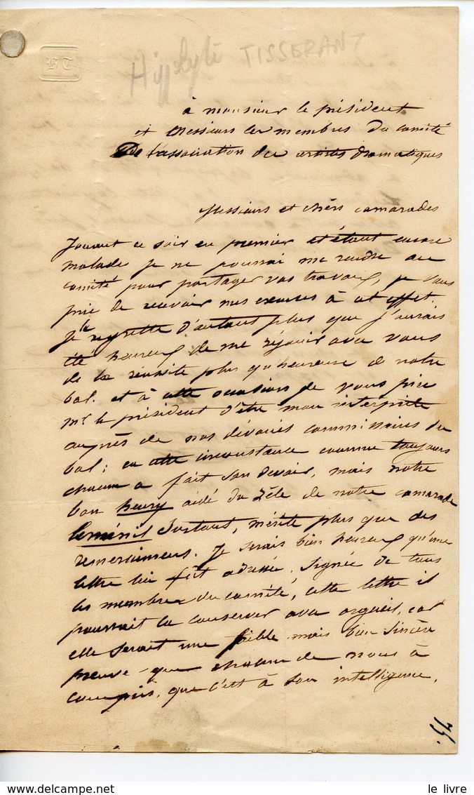 ACTEUR FRANCAIS HIPPOLYTE TISSERANT (MEUDON 1809-PARIS 1877) LAS 1842 A L'ASSOCIATION DES ARTISTES DRAMATIQUES