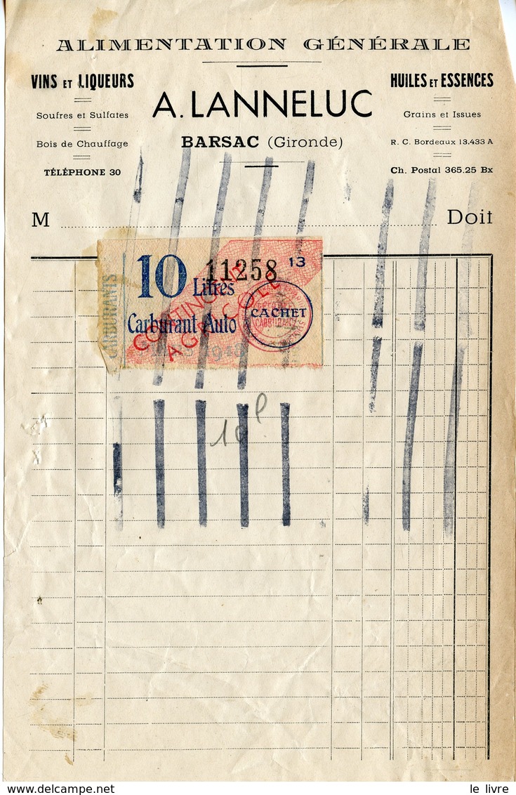 RATIONNEMENT BORDEREAU DE FAUX TICKETS DE CARBURANT AUTO GIRONDE BARSAC FACTURE LANNELUC 1948